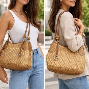 Brighton Delfina Natural Straw Shoulder Bag - Light Brown Leather + Care Bag